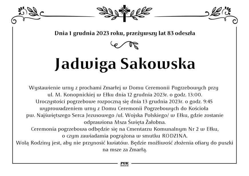 Jadwiga Sakowska - nekrolog